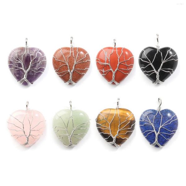 Pendentif Colliers 1pcs Wrap Love Coeur Forme Pierre Naturelle avec boîte d'affichage de chaîne Améthyste Charmes Femmes Bijoux Fit pour collier