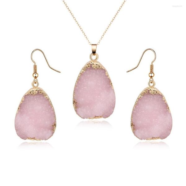 Pendentif Colliers 1 Set Bohême Lewelry Faux Drusy Druzy Rose Résine Pierre Pendentifs Collier Bijoux Chaîne Longue Pour Femmes Femme N181