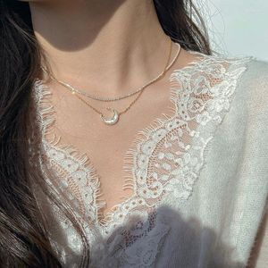 Hanger Kettingen 2 Layer Maan Ncklace Zilver Kleur Eenvoudige Persoonlijkheid Kristallen Leuke Student Sleutelbeen Ketting Voor Moderne Vrouwelijke Geschenken