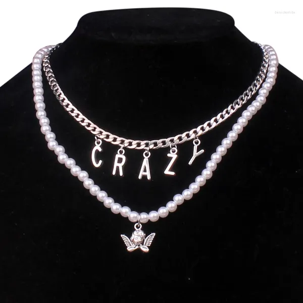 Collares colgantes 2 PCS Punk Crazy Angel Collar Little Wing Letter Pearl Chain Gargantilla para mujeres Vintage Collar Cuello Joyería