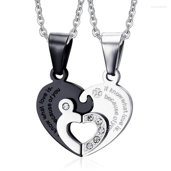 Colliers pendentifs 2 pièces ! Collier de Couple en titane plaqué or bleu noir, chaîne en acier inoxydable, cœur d'amoureux pour femmes et hommes