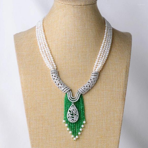 Collares colgantes 20 '' 4 hebras perla blanca collar llamativo de agua dulce CZ pavimenta jade verde