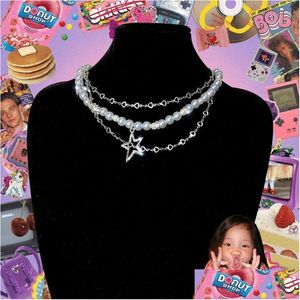 Collares pendientes 2000S Joyería Azul Brillo Diamante Lmitation Collar en capas de perlas para mujeres Egirl Estrella Luna Corazón Gota estética Dhf8H