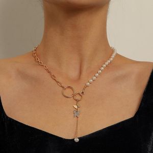 Hanger Kettingen 2021 Mode Imitatie Parels Sleutelbeen Ketting Rhinestone Vlinder Ketting Voor Vrouwen Goud Zilver Kleur Korte Chocker