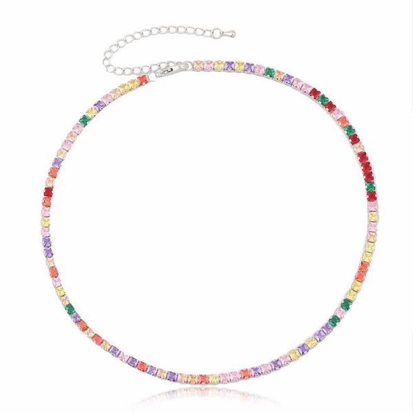 Collares colgantes 2021 Color oro Arco iris Cz Pavimentado Cuadrado Cristal Colorido Zirconia Cadena de tenis Gargantilla Collar Joyería de moda Collar Femm