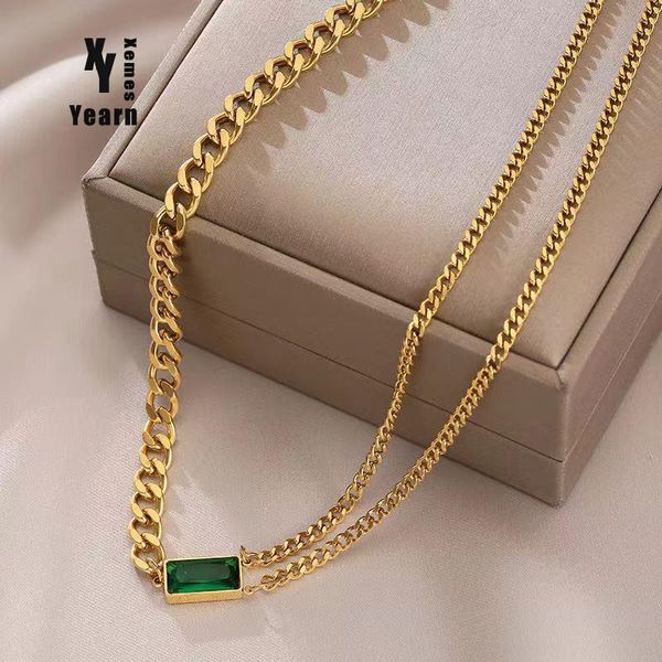 Pendentif Colliers 2021 Haute Qualité Vert Cristal Carré En Acier Inoxydable Collier Pour Femme Corée Fille De Mode Bijoux Sexy Cou Chaîne