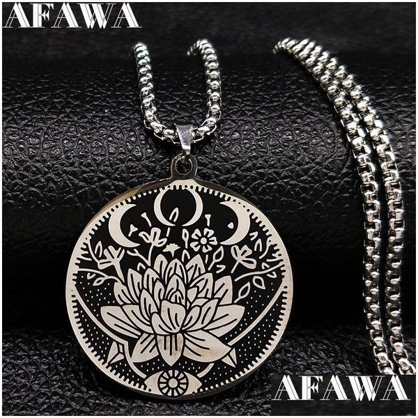 Pendentif Colliers 2021 Wicca Lotus En Acier Inoxydable Chaîne Collier Femmes Noir Sier Couleur Bijoux Joyeria De Acero Inoxydable N18511 Dh3Mb