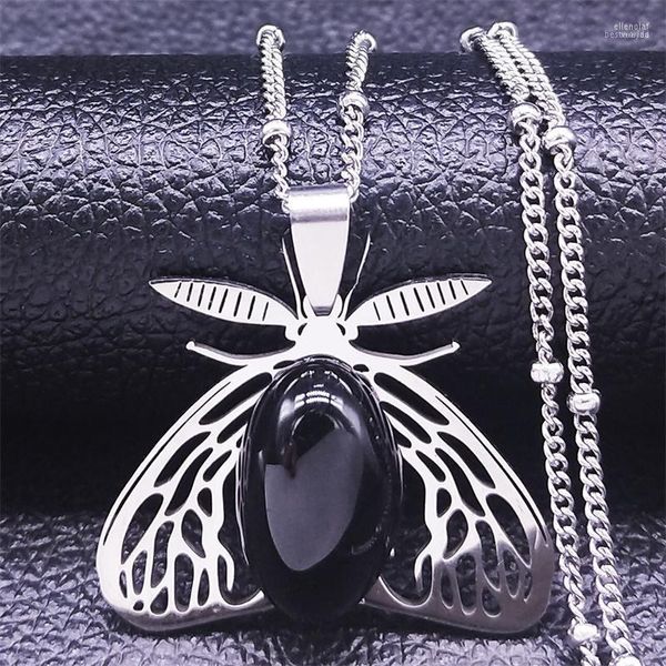 Pendentif Colliers 2022 Noir Ovale En Acier Inoxydable Pierre Naturelle Chaîne Collier Hommes / Femmes Argent Couleur Papillon Jewery Bijoux Femme N4402S04 Elle