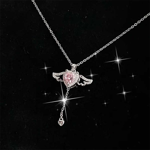 Pendentif Colliers 2022 Coréen Rose Cristal Ange Cupidon Ailes Coeur Pendentif Chaîne Collier Pour Femme Fille Vintage Y2K Esthétique Grunge Bijoux Z0417