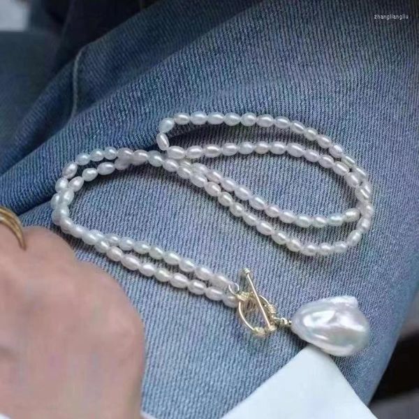 Pendentif colliers 2022 été naturel riz perle fait à la main collier avec grand Baroque blanc/rose/lavande femmes bijoux PNZ5