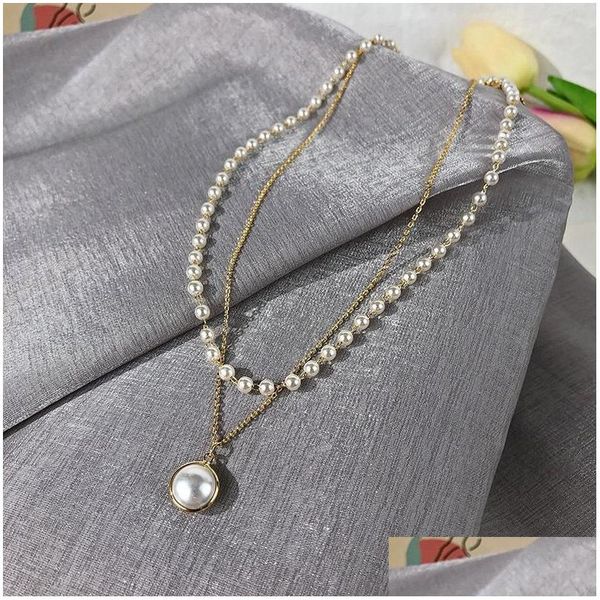 Collares colgantes 2022 Vintage Irregar Pearl Jewelry Chapado en oro Cadena de eslabones gruesos en capas para mujeres Collar de damas Drop Entrega Pen DHQ4P