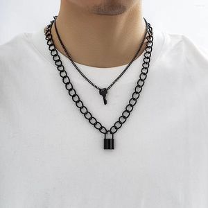 Collares pendientes 2023 estilo gótico negro candado hombres collar personalidad Punk exagerada llave multicapa regalo de péndulo para hombres