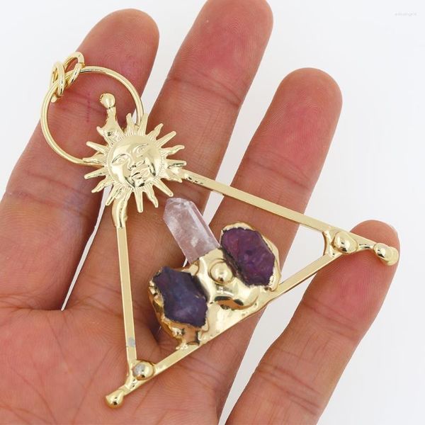 Pendentif Colliers 2023 DIY Faire Grand Triangle Soudé Forme Améthystes Cristal Quartz Points Bronze Vintage Soleil Bohême Collier