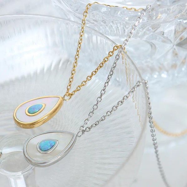 Pendentif Colliers 2023 Mode 18k Plaqué Or Chaîne En Acier Inoxydable Collier Goutte D'eau Bleu Clair Opale Shell Pour Les Femmes