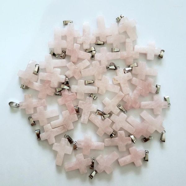 Pendentif colliers 2023 mode haute qualité rose Reiki Quartz pierre gemme naturelle croix pour la fabrication de bijoux 50 pcs/lot en gros