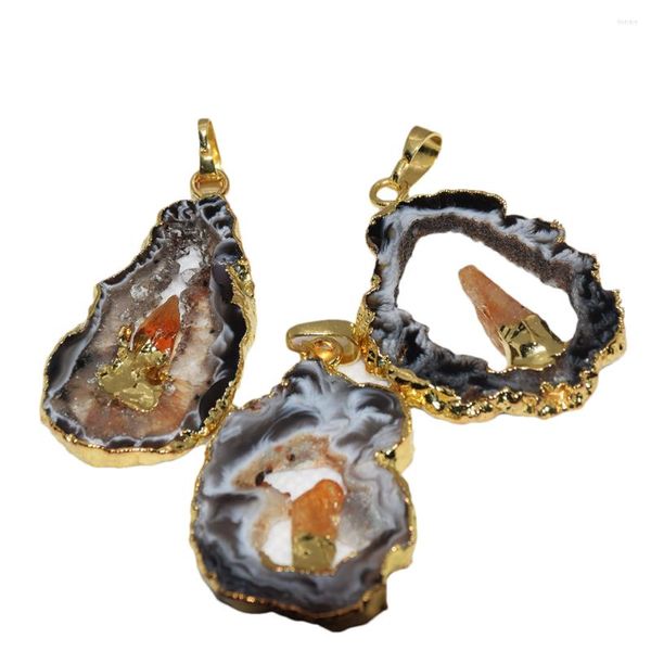 Pendentif Colliers 2023 Mode Bijoux Geode Druzy Pierre Femme Nature Tranche Grand Trou Irrégulier Or Placage DIY Accessoires 5pc