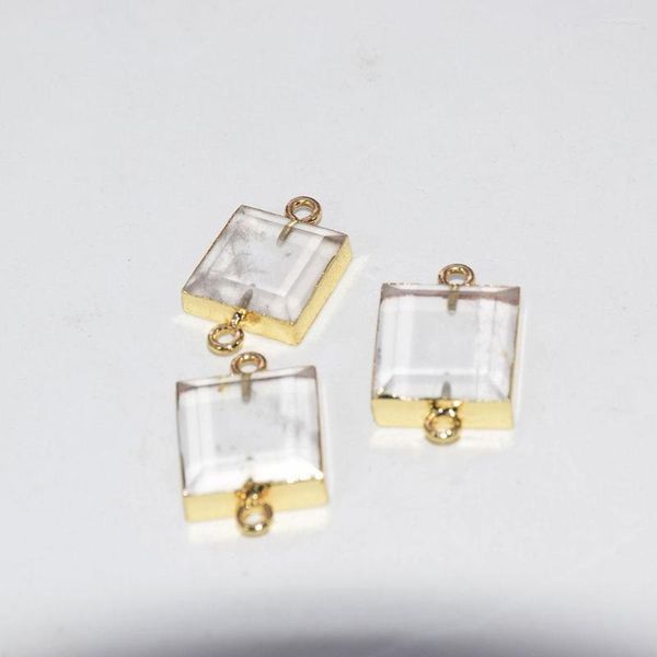 Collares pendientes 2023 joyería de moda roca Natural cristal transparente cuarzo cuadrado conector mujer chapado en oro bisel piedra para mujer