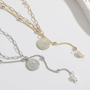 Hangende kettingen 2023 Fashion Women Ins Pearl and Character Portret Coin Paper Clips Chain Beads Double Layer Necklace