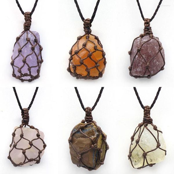 Collares pendientes 2023 para hombres y mujeres, piedra Natural, fresa, cuarzo, amatista, ágata, bolsa de cuerda, cadena para el cuello, regalo de joyería