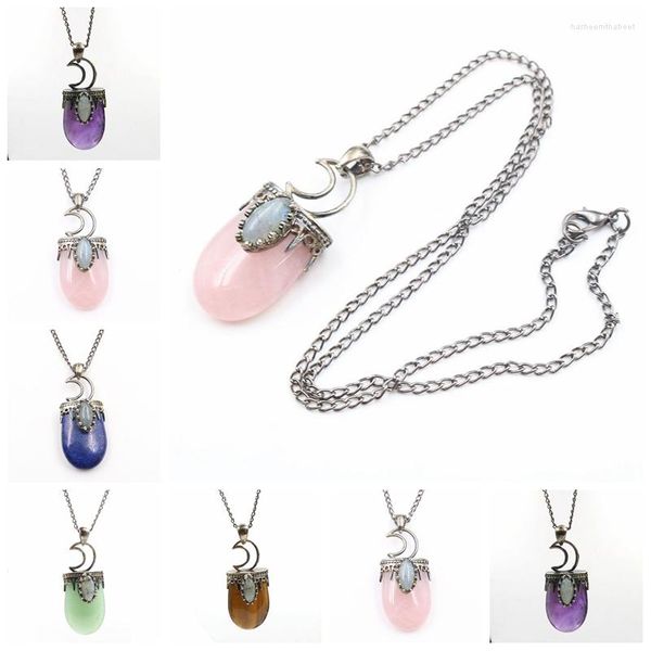 Collares colgantes 2023 Luna Collar de piedra natural Gem Charm Jewelry Plateado Plata Mujeres Hombres Declaración de corona hueca