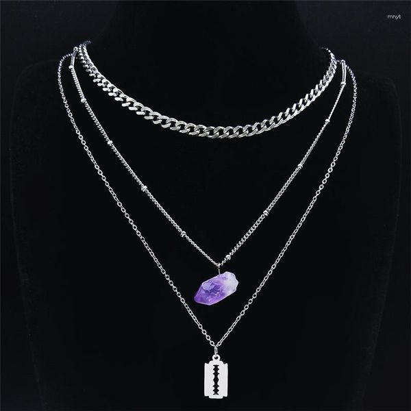 Collares colgantes 2023 Cristal natural púrpura Acero inoxidable Hoja de brujería Collar en capas Mujeres Color plata Joyería Collier Femme
