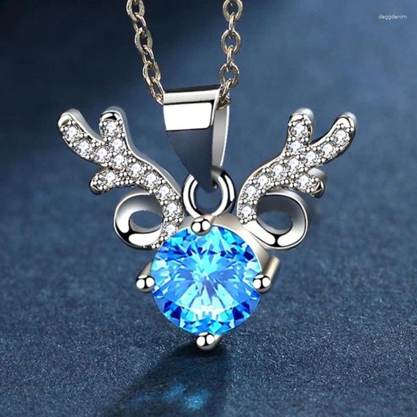 Pendentif Colliers 2023 Brillant Cristal Bleu Cerf Fille Bijoux Vintage S Femmes Argent Plaqué Cou Mignon Animal Bijou