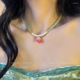 Pendentif colliers 2023 été rose Y2k fleur de tulipe pour les femmes cristal perle chaîne perlée Chokers fête cadeau bijoux de mode