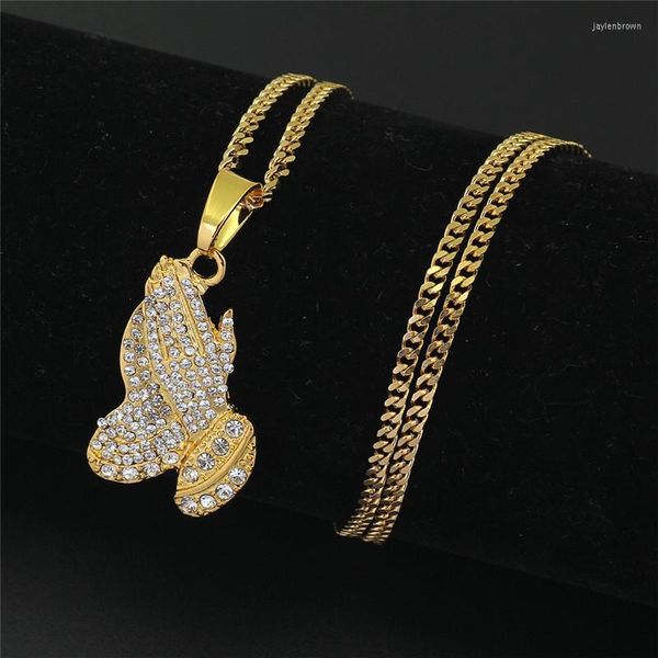 Collares pendientes 2023, colgantes de manos rezando, regalo de hermano, aleación de cristal de Color dorado, cadena de Hip Hop para hombres, joyería de fiesta larga