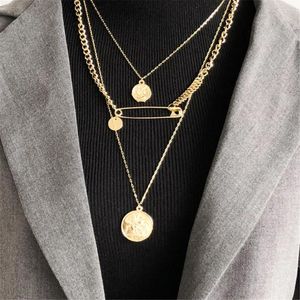 Hanger kettingen 2023 Vintage Gold Ploated Chain Pin Human Head Coin ketting voor vrouwen vrouwelijke mode boho kraag multilevel sieraden cadeau