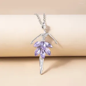 Hangende kettingen 2024 Elegant Purple Crystal Ballerina Girl Rhinestone Hangers Lange trui kettingstructuur Sieraden