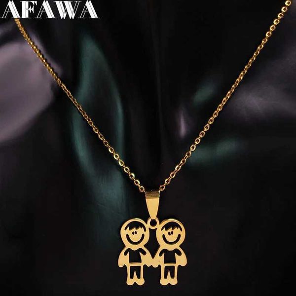 Collares colgantes 2024 Fashion Two Boys Cabina de acero inoxidable Collar para mujer Collar de oro Joyería Acero Joyeria Invisible N381S01Q