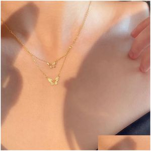 Colliers pendants 2024 Nouveau Golden incrusté Zircon Double couche papillon 14K Collier en or jaune pour femmes bijoux de mode Bir Dhpfx