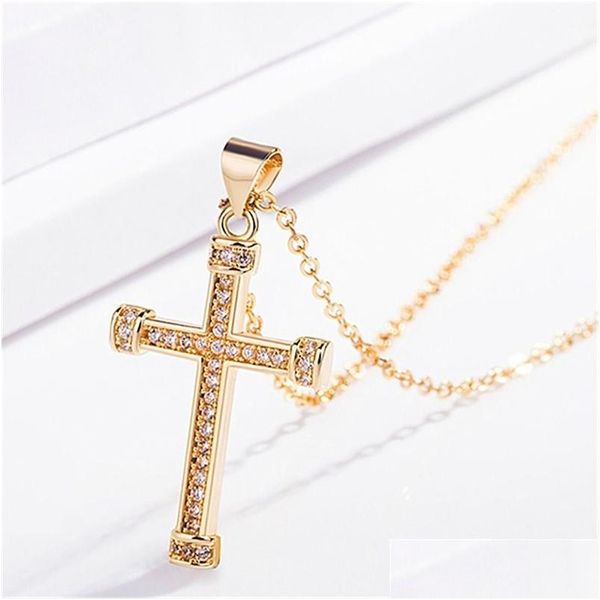 Pendentif Colliers Or 24K Diamant Jésus Croix Collier Cristal Rangée Femmes Hommes Mode Bijoux Will Et Sandy Drop Livraison Pendentifs Dhwr9