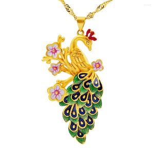 Pendentif Colliers 24K Gold Collier Coloré Émail Paon Cloisonné Longue Déclaration Pour Femmes Figaro Chaîne Bijoux