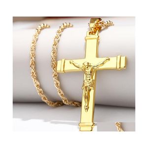 Hangende kettingen 24k goud vergulde Jezus Christus kruis ketting hiphop rap gouden kruisbeeld Cubaanse ketting mannen sieraden 2245 drop dhay6