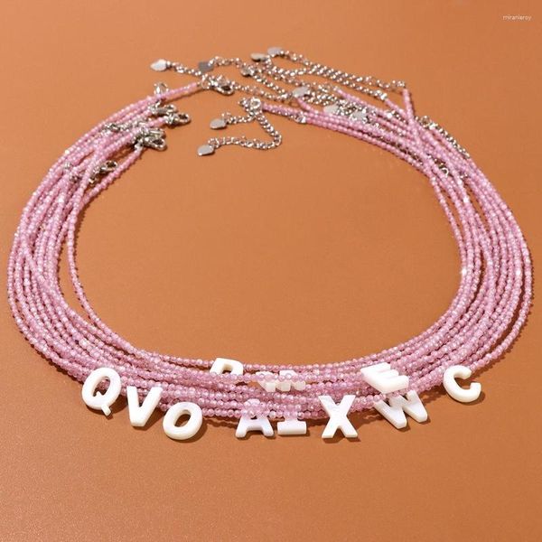 Collares con colgante de 26 letras de concha blanca, collar de piedra de circón rosa Natural de 2mm para mujer, regalos de joyería de Reiki a la moda