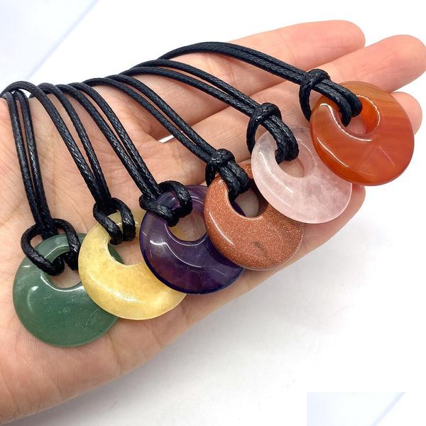 Colliers pendants 27 mm anneau chanceux guérison Naturel Stone Agate Lapsi Pink Crystal Corde Chain pour femmes hommes Drop Livrot Jewel Dhgarden DHN58