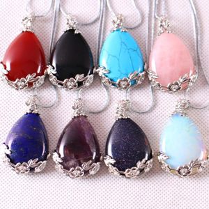 Pendentif Colliers 27x36mm Goutte d'eau Perle Pierre Naturelle Or Oeil de Tigre Rouge Cornaline Rose Cristal Blanc Opale Lapis Lazuli 1 pcs