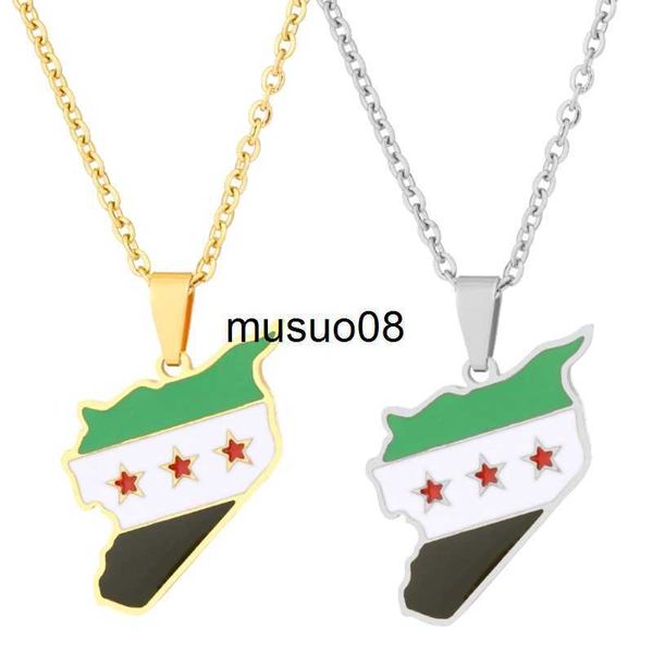 Pendentif Colliers 28TF Unisexe Syrie Pays Carte Drapeau Pendentif Collier Or Argent Couleur Chaîne Collier Ras Du Cou Bijoux Fête De Noël Ornement J230601