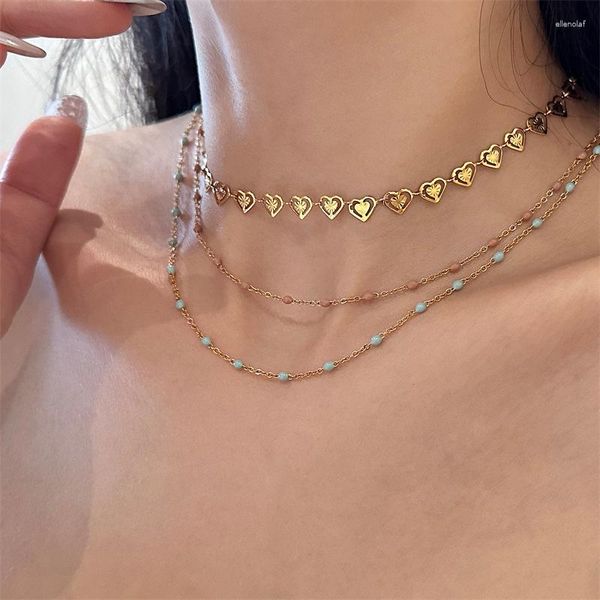 Colliers pendants 2 mm Chaîne en acier inoxydable Gold Couleur coeur Chating Rose Blue Émail Câble perlé Collier Femme Bijoux Gift 2023