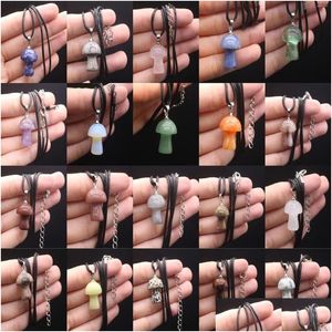 Colliers pendants 2pc champignons Natural Stone Charms Crystals Rose Quartz Agate Opal Amethyst Long Rope Chains For Women Jewelry Drop Dhy6f