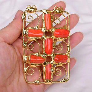 Pendentif Colliers 2pcs Big Gold Plaqué Orange Coral Rectangle Liberté Connecteur pour collier de perles Bijoux DIY