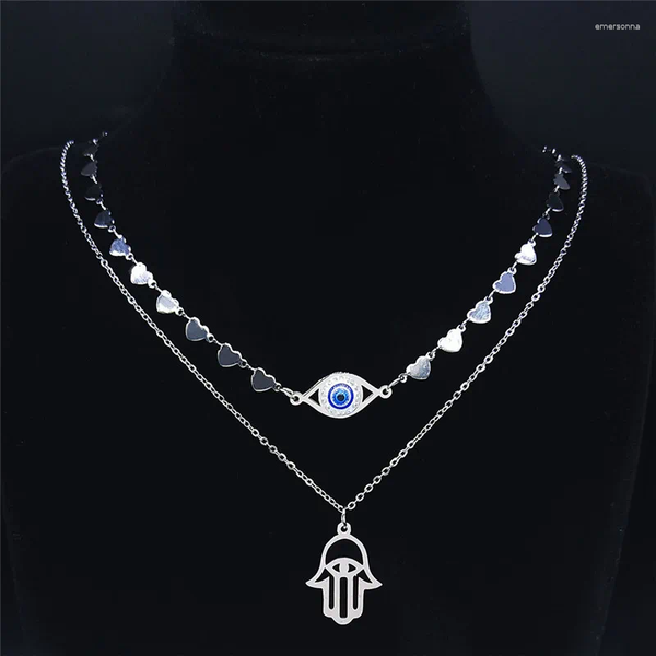 Pendentif Colliers 2 pièces Islam musulman yeux turcs Hamsa main cristal acier inoxydable coeur chaîne collier bijoux Ojo Turco N4863S01