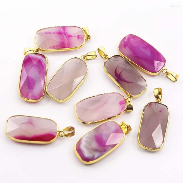 Pendentif Colliers 2 pcs/lot Pierre Naturelle Rose Rouge Agate Rectangle Doré Bord Collier Pendentifs Violet Cristal Diy Bijoux Accessoire