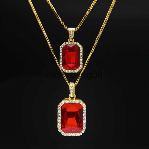 Collares pendientes 2 piezas Conjunto de collar de rubí Plata chapada en oro Iced Out Square Red Ruby Bling Rhinestone Collar colgante Hip Hop Joyero Cadena x0711 x0711