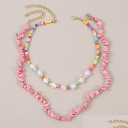 Collares pendientes 2 Unids / set Bohemian Mticolor Beads White Pearl Beaded Collares Para Mujeres Boho Pink Collar de Piedra Natural Party Jewe Dhw23