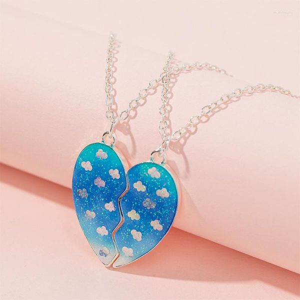 Pendentif Colliers 2pcs / Set Coeur brisé Glitter Blue Sky Nuage Ami Filles Collier pour enfants Amitié Bijoux Cadeaux