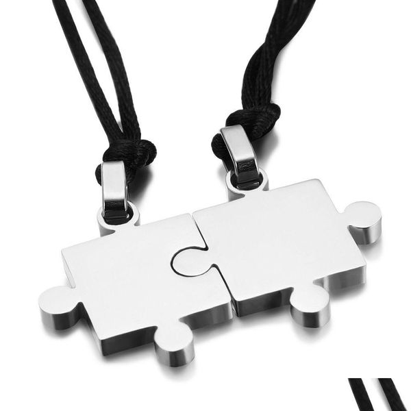 Pendentif Colliers 2Pcs / Set Mode Lisse Jigsaw Puzzle Collier Pour Femmes Et Hommes Corde Noire En Acier Inoxydable Couple Amoureux Cadeau Dro Dhrnd