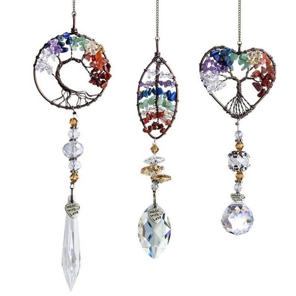 Pendentif Colliers 3 pièces à la main Suncatcher fil enveloppé collier de pierre ornement suspendu avec prisme de goutte de cristal pour la voiture à la maison BMF8285I