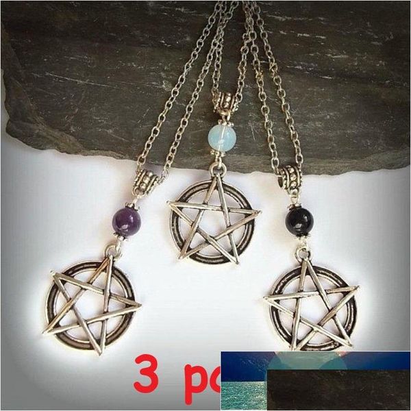 Pendentif Colliers 3 pièces / ensemble païen Wicca perles pentagramme sorcière Pentacle collier Wiccan bijoux pour femmes cadeau de fête prix usine ex Dhesx